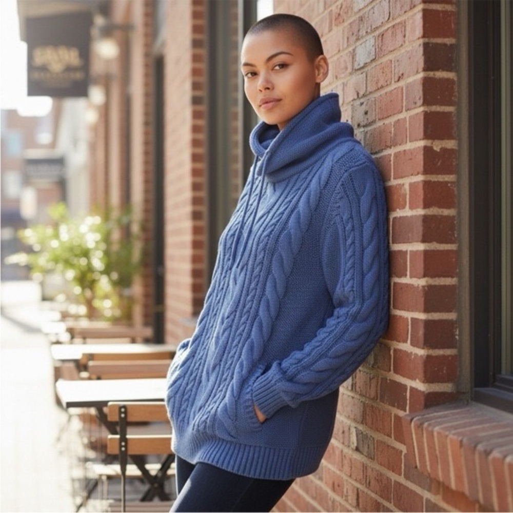 L.L. Bean Double L® Mixed-Cable Sweater, Funnelneck Blue Small NWT, 100% Cotton